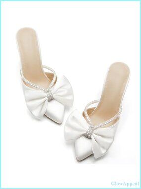 Satin Pointed Toe Mule High Heel Wedding Sandals Rhinestone Bow
